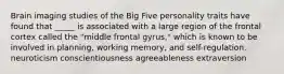 Brain imaging studies of the Big Five personality traits have found that _____ is associated with a large region of the frontal cortex called the "middle frontal gyrus," which is known to be involved in planning, working memory, and self-regulation. neuroticism conscientiousness agreeableness extraversion