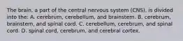 The brain, a part of the central nervous system (CNS), is divided into the: A. cerebrum, cerebellum, and brainstem. B. cerebrum, brainstem, and spinal cord. C. cerebellum, cerebrum, and spinal cord. D. spinal cord, cerebrum, and cerebral cortex.