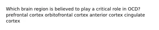 Which brain region is believed to play a critical role in OCD? prefrontal cortex orbitofrontal cortex anterior cortex cingulate cortex