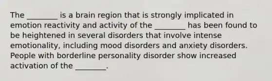 The ________ is a brain region that is strongly implicated in emotion reactivity and activity of the ________ has been found to be heightened in several disorders that involve intense emotionality, including mood disorders and anxiety disorders. People with borderline personality disorder show increased activation of the ________.