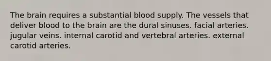 The brain requires a substantial blood supply. The vessels that deliver blood to the brain are the dural sinuses. facial arteries. jugular veins. internal carotid and vertebral arteries. external carotid arteries.