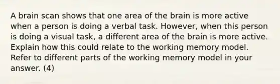 A brain scan shows that one area of the brain is more active when a person is doing a verbal task. However, when this person is doing a visual task, a different area of the brain is more active. Explain how this could relate to the working memory model. Refer to different parts of the working memory model in your answer. (4)