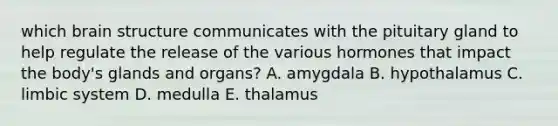 which brain structure communicates with the pituitary gland to help regulate the release of the various hormones that impact the body's glands and organs? A. amygdala B. hypothalamus C. limbic system D. medulla E. thalamus