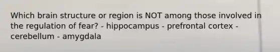 Which brain structure or region is NOT among those involved in the regulation of fear? - hippocampus - prefrontal cortex - cerebellum - amygdala