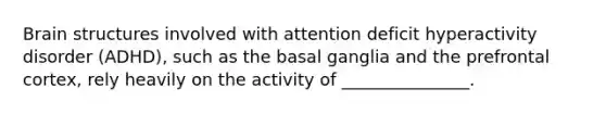 Brain structures involved with attention deficit hyperactivity disorder (ADHD), such as the basal ganglia and the prefrontal cortex, rely heavily on the activity of _______________.