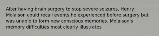 After having brain surgery to stop severe seizures, Henry Molaison could recall events he experienced before surgery but was unable to form new conscious memories. Molaison's memory difficulties most clearly illustrates