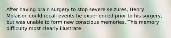 After having brain surgery to stop severe seizures, Henry Molaison could recall events he experienced prior to his surgery, but was unable to form new conscious memories. This memory difficulty most clearly illustrate