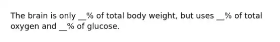 The brain is only __% of total body weight, but uses __% of total oxygen and __% of glucose.