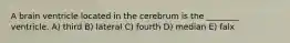 A brain ventricle located in the cerebrum is the ________ ventricle. A) third B) lateral C) fourth D) median E) falx