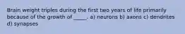 Brain weight triples during the first two years of life primarily because of the growth of _____. a) neurons b) axons c) dendrites d) synapses