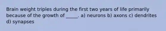 Brain weight triples during the first two years of life primarily because of the growth of _____. a) neurons b) axons c) dendrites d) synapses