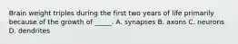 Brain weight triples during the first two years of life primarily because of the growth of _____. A. synapses B. axons C. neurons D. dendrites