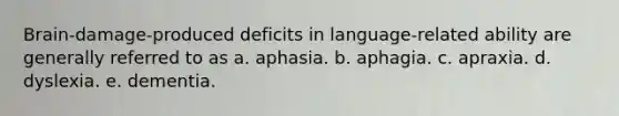 Brain-damage-produced deficits in language-related ability are generally referred to as a. aphasia. b. aphagia. c. apraxia. d. dyslexia. e. dementia.