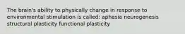 The brain's ability to physically change in response to environmental stimulation is called: aphasia neurogenesis structural plasticity functional plasticity