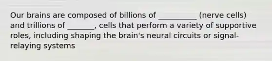 Our brains are composed of billions of __________ (nerve cells) and trillions of _______, cells that perform a variety of supportive roles, including shaping the brain's neural circuits or signal-relaying systems