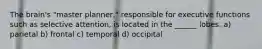 The brain's "master planner," responsible for executive functions such as selective attention, is located in the ______ lobes. a) parietal b) frontal c) temporal d) occipital