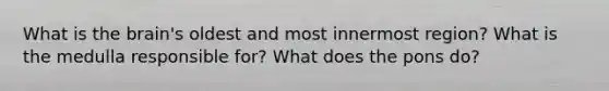 What is the brain's oldest and most innermost region? What is the medulla responsible for? What does the pons do?