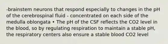 -brainstem neurons that respond especially to changes in the pH of the cerebrospinal fluid - concentrated on each side of the medulla oblongata • The pH of the CSF reflects the CO2 level in the blood, so by regulating respiration to maintain a stable pH, the respiratory centers also ensure a stable blood CO2 level