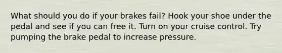 What should you do if your brakes fail? Hook your shoe under the pedal and see if you can free it. Turn on your cruise control. Try pumping the brake pedal to increase pressure.