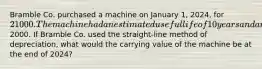 Bramble Co. purchased a machine on January 1, 2024, for 21000. The machine had an estimated useful life of 10 years and an estimated residual value of2000. If Bramble Co. used the straight-line method of depreciation, what would the carrying value of the machine be at the end of 2024?