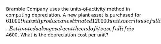 Bramble Company uses the units-of-activity method in computing depreciation. A new plant asset is purchased for 61000 that will produce an estimated 120000 units over its useful life. Estimated salvage value at the end of its useful life is4600. What is the depreciation cost per unit?