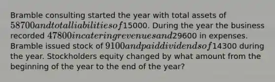 Bramble consulting started the year with total assets of 58700 and total liabilities of15000. During the year the business recorded 47800 in catering revenues and29600 in expenses. Bramble issued stock of 9100 and paid dividends of14300 during the year. Stockholders equity changed by what amount from the beginning of the year to the end of the year?