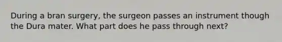 During a bran surgery, the surgeon passes an instrument though the Dura mater. What part does he pass through next?