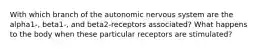 With which branch of the autonomic nervous system are the alpha1-, beta1-, and beta2-receptors associated? What happens to the body when these particular receptors are stimulated?