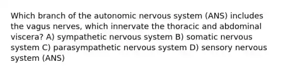 Which branch of the autonomic nervous system (ANS) includes the vagus nerves, which innervate the thoracic and abdominal viscera? A) sympathetic nervous system B) somatic nervous system C) parasympathetic nervous system D) sensory nervous system (ANS)