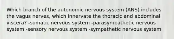 Which branch of the autonomic nervous system (ANS) includes the vagus nerves, which innervate the thoracic and abdominal viscera? -somatic nervous system -parasympathetic nervous system -sensory nervous system -sympathetic nervous system