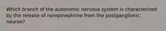 Which branch of the autonomic nervous system is characterized by the release of norepinephrine from the postganglionic neuron?