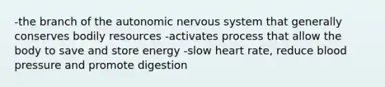 -the branch of the autonomic nervous system that generally conserves bodily resources -activates process that allow the body to save and store energy -slow heart rate, reduce blood pressure and promote digestion