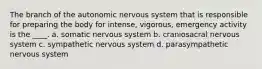 The branch of the autonomic nervous system that is responsible for preparing the body for intense, vigorous, emergency activity is the ____. a. somatic nervous system b. craniosacral nervous system c. sympathetic nervous system d. parasympathetic nervous system