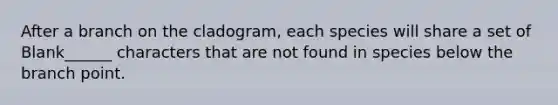 After a branch on the cladogram, each species will share a set of Blank______ characters that are not found in species below the branch point.