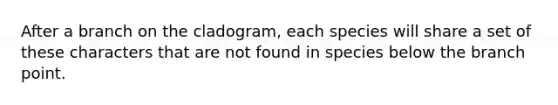 After a branch on the cladogram, each species will share a set of these characters that are not found in species below the branch point.