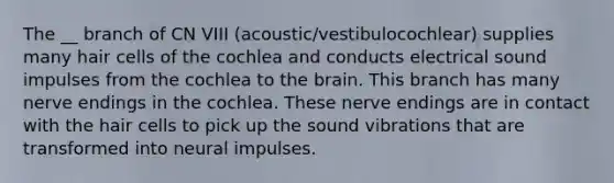 The __ branch of CN VIII (acoustic/vestibulocochlear) supplies many hair cells of the cochlea and conducts electrical sound impulses from the cochlea to the brain. This branch has many nerve endings in the cochlea. These nerve endings are in contact with the hair cells to pick up the sound vibrations that are transformed into neural impulses.