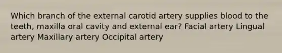 Which branch of the external carotid artery supplies blood to the teeth, maxilla oral cavity and external ear? Facial artery Lingual artery Maxillary artery Occipital artery