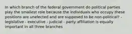 In which branch of the federal government do political parties play the smallest role because the individuals who occupy these positions are unelected and are supposed to be non-political? - legislative - executive - judicial - party affiliation is equally important in all three branches