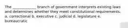 The _____________ branch of government interprets existing laws and determines whether they meet constitutional requirements. a. correctional b. executive c. judicial d. legislature e. bureaucratic