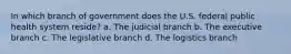 In which branch of government does the U.S. federal public health system reside? a. The judicial branch b. The executive branch c. The legislative branch d. The logistics branch