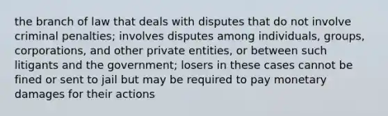 the branch of law that deals with disputes that do not involve criminal penalties; involves disputes among individuals, groups, corporations, and other private entities, or between such litigants and the government; losers in these cases cannot be fined or sent to jail but may be required to pay monetary damages for their actions