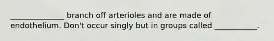 ______________ branch off arterioles and are made of endothelium. Don't occur singly but in groups called ___________.