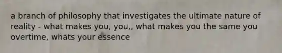 a branch of philosophy that investigates the ultimate nature of reality - what makes you, you,, what makes you the same you overtime, whats your essence