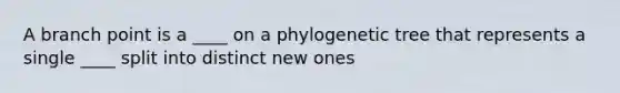 A branch point is a ____ on a phylogenetic tree that represents a single ____ split into distinct new ones