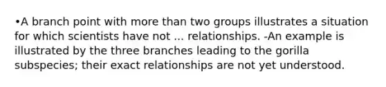 •A branch point with more than two groups illustrates a situation for which scientists have not ... relationships. -An example is illustrated by the three branches leading to the gorilla subspecies; their exact relationships are not yet understood.