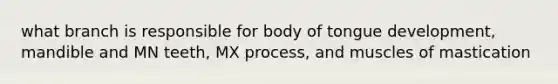 what branch is responsible for body of tongue development, mandible and MN teeth, MX process, and muscles of mastication