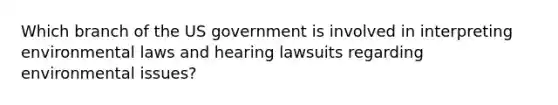 Which branch of the US government is involved in interpreting environmental laws and hearing lawsuits regarding environmental issues?