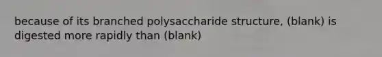 because of its branched polysaccharide structure, (blank) is digested more rapidly than (blank)