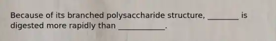 Because of its branched polysaccharide structure, ________ is digested more rapidly than ____________.