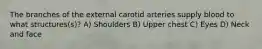 The branches of the external carotid arteries supply blood to what structures(s)? A) Shoulders B) Upper chest C) Eyes D) Neck and face